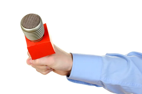 Male hand with microphone isolated on white — Stock Photo, Image