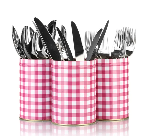 Utensils in metal containers isolated on white — Stock Photo, Image