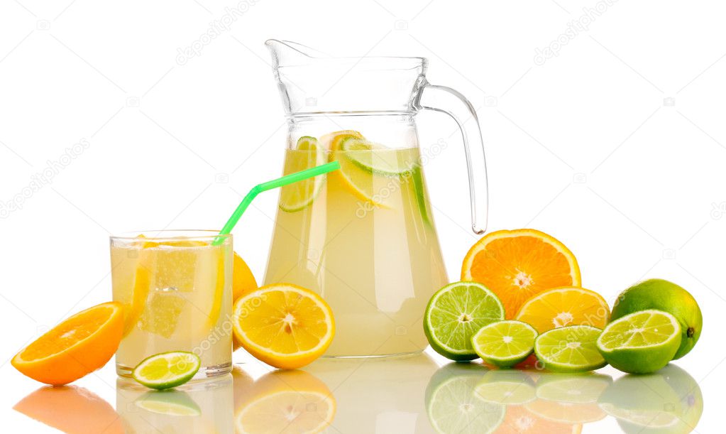 Citrus lemonade in pitcher and glass of citrus around isolated on white