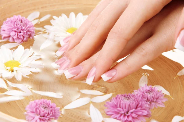 Mãos de mulher com manicure francês e flores em tigela de bambu com água — Fotografia de Stock