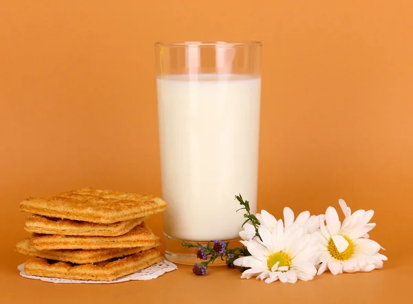 Vaso de leche fresca nueva con galletas sobre fondo marrón — Foto de Stock