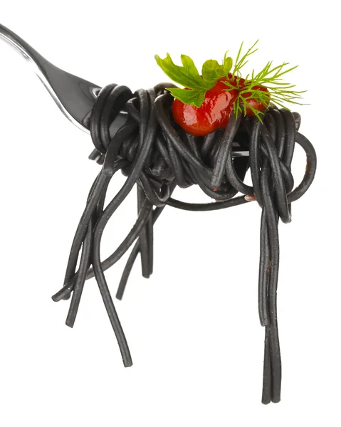 Black spaghetti on fork isolated on white — Stock Photo, Image