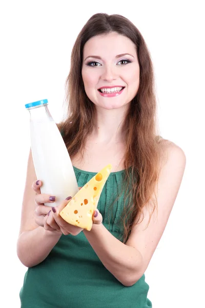 Beautiful woman with milk and cheese isolated on white — Stock Photo, Image