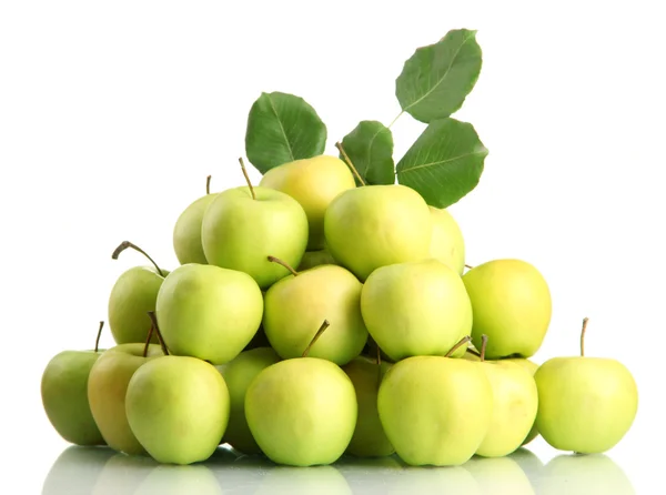 Juicy apples with green leaves, isolated on white — Stock Photo, Image