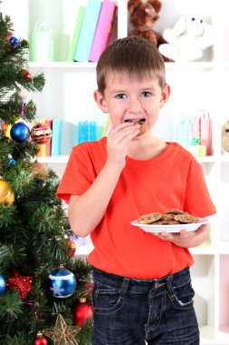 küçük çocuğa Noel ağacı kurabiye yiyor