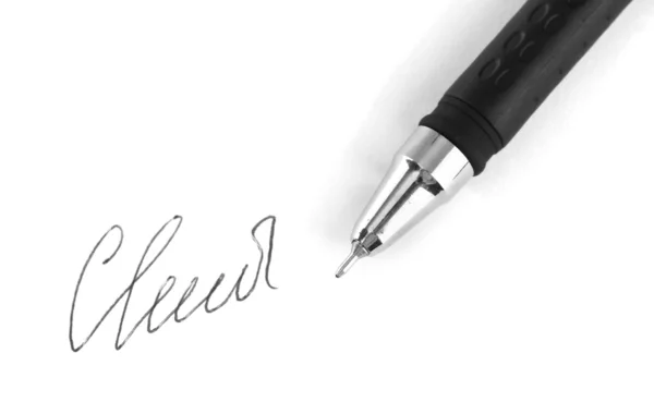 हस्ताक्षर का क्लोजअप (नकली, वास्तविक नहीं) और पेन, सफेद पर अलग — स्टॉक फ़ोटो, इमेज
