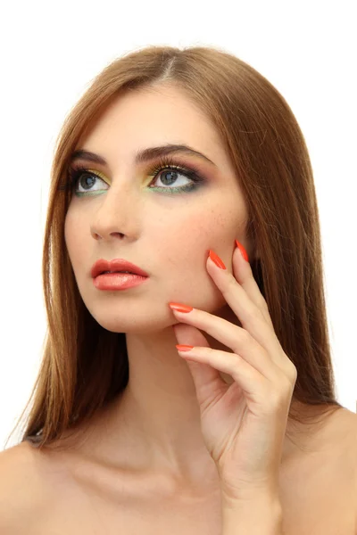 Retrato de mujer joven sexy con glamour maquillaje y manicura naranja — Foto de Stock