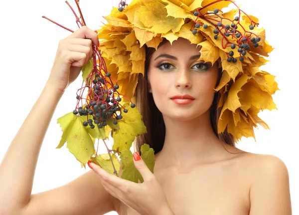 Beautiful young woman with yellow autumn wreath, isolated on white — Stock Photo, Image