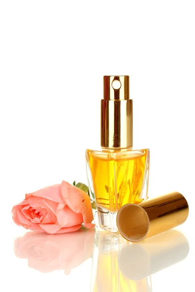 Women's perfume in beautiful bottle with rose isolated on white — Stock Photo, Image