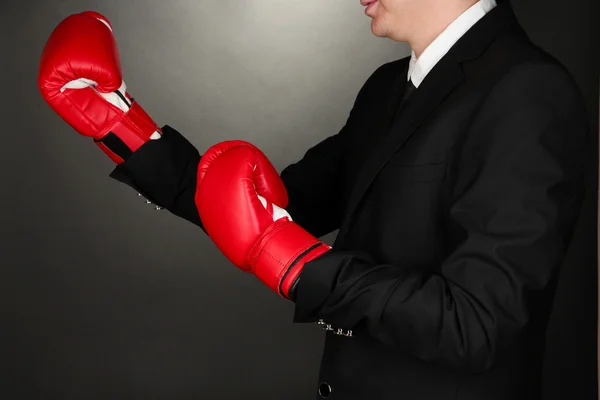 Empresario en guantes de boxeo sobre fondo gris —  Fotos de Stock