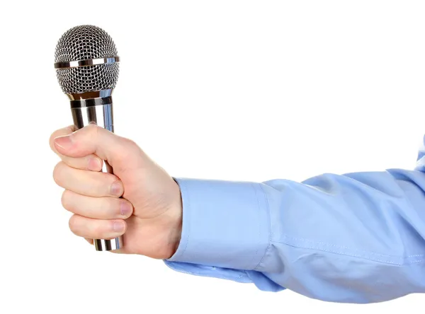 Male hand with microphone isolated on white — Stock Photo, Image