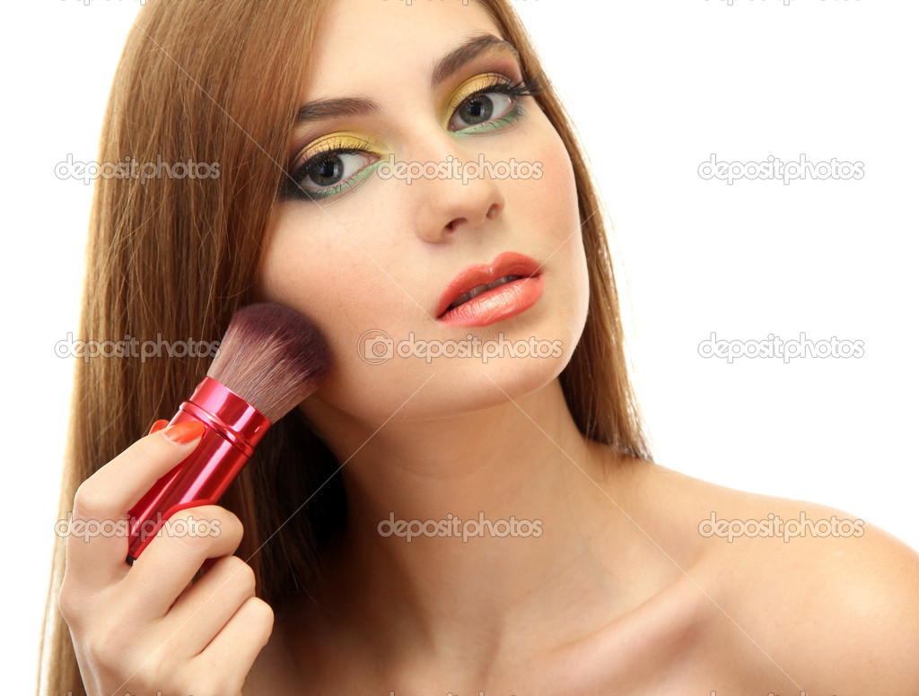 portrait of beautiful woman with make-up brush for powder, isolated on white
