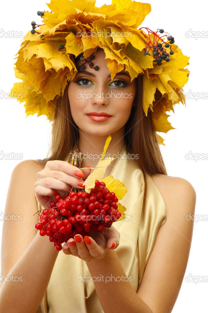 beautiful young woman with yellow autumn wreath and viburnum, isolated on white