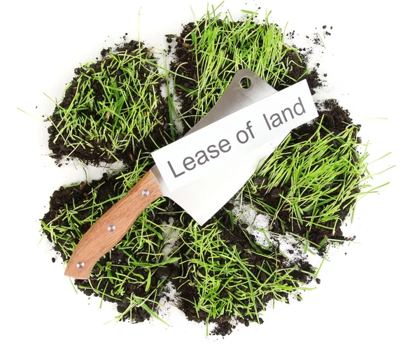 Grünes Gras mit Boden als Konzept des Landverkaufs isoliert auf weiß — Stockfoto