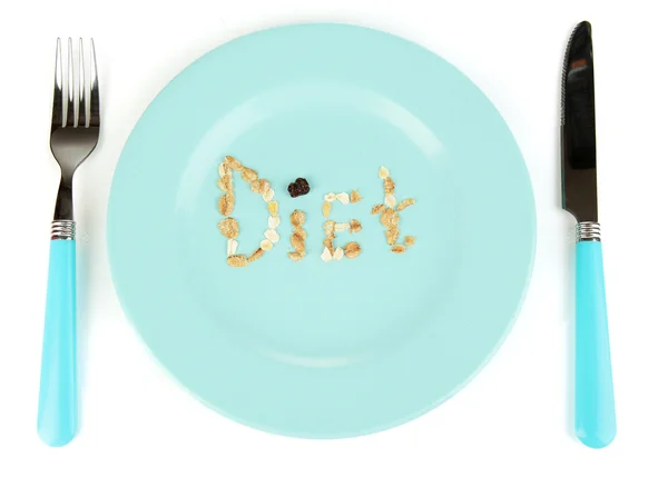 Slovo dieta na modré misku müsli izolovaných na bílém — Stock fotografie