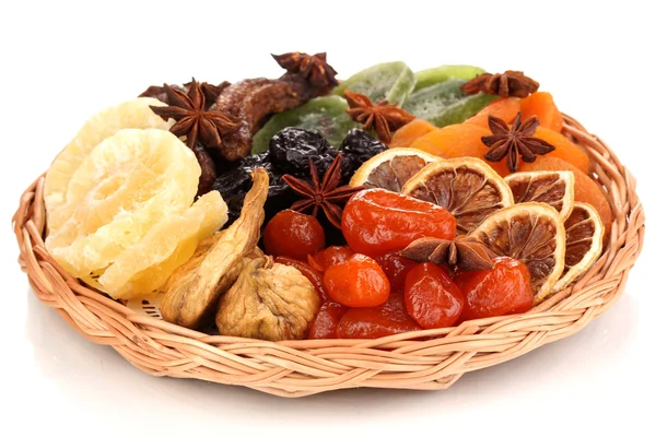 Dried fruits with cinnamon and anise stars isolated on white — Stock Photo, Image