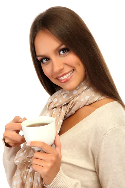 Hermosa joven con taza de café, aislado en blanco —  Fotos de Stock