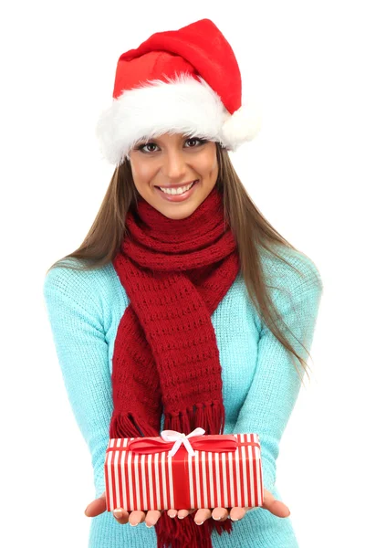 Beautiful young woman with gift, isolated on white — Stock Photo, Image