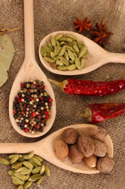 Küçük Hindistan cevizi ve diğer baharatlar çul zemin üzerine