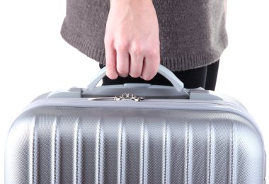 valizi elinde tutan üzerinde beyaz izole