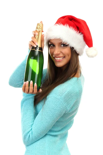 Beautiful young woman with bottle of champagne, isolated on white — Stock Photo, Image