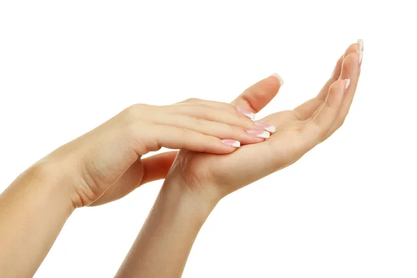 Hermosas manos de mujer con manicura francesa, aisladas en blanco —  Fotos de Stock