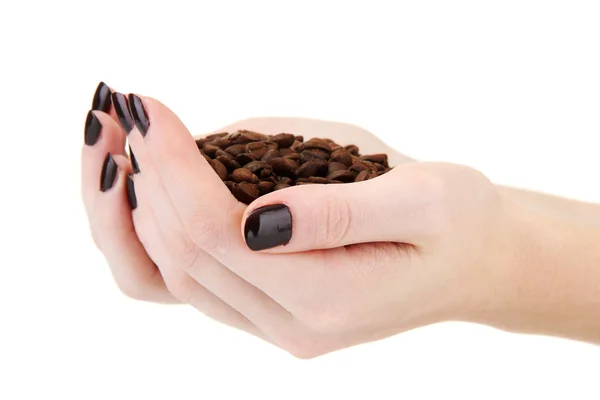 女的手与孤立在白色的咖啡豆 — 图库照片