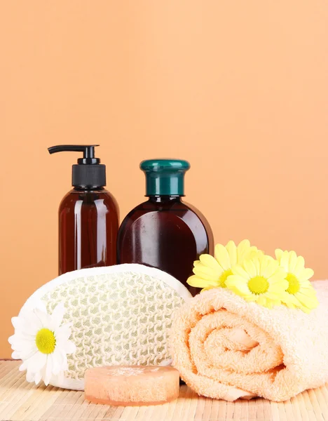 Set for care of a body on peach background — Stock Photo, Image