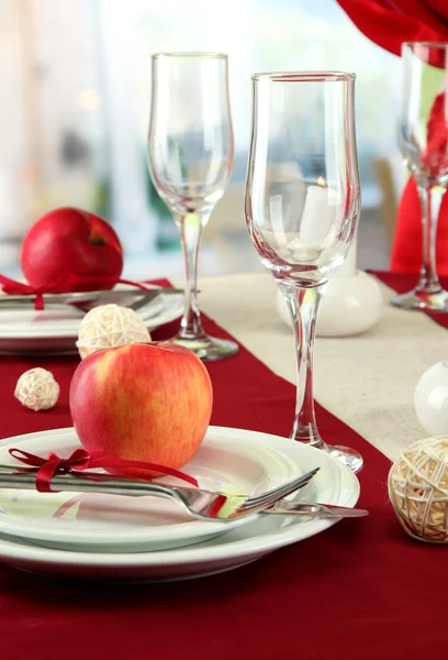 Beautiful holiday table setting with apples, close up — Stock Photo, Image