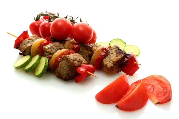 Tasty grilled meat and vegetables on skewers, isolated on white — Stock Photo, Image