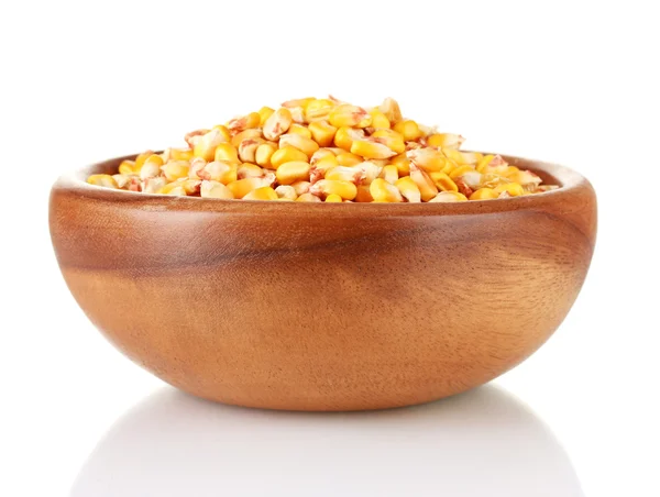 Corn in wooden bowl isolated on white — Stock Photo, Image
