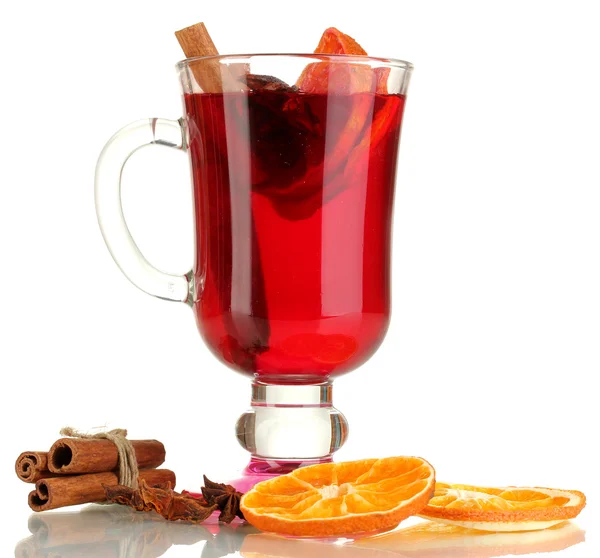 Fragrant mulled wine in glass isolated on white — Stock Photo, Image