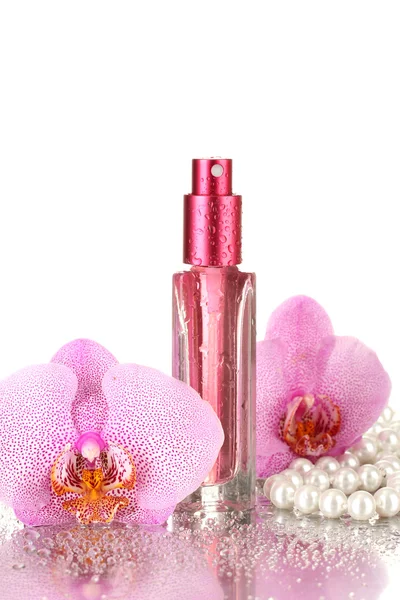 Women's perfume in beautiful bottle and orchid flowers, isolated on white — Stock Photo, Image