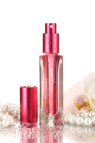 Women's perfume in beautiful bottle and orchid flower, isolated on white — Stock Photo, Image