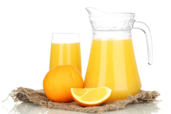 Full glass and jug of orange juice and oranges isolated on white — Stock Photo, Image