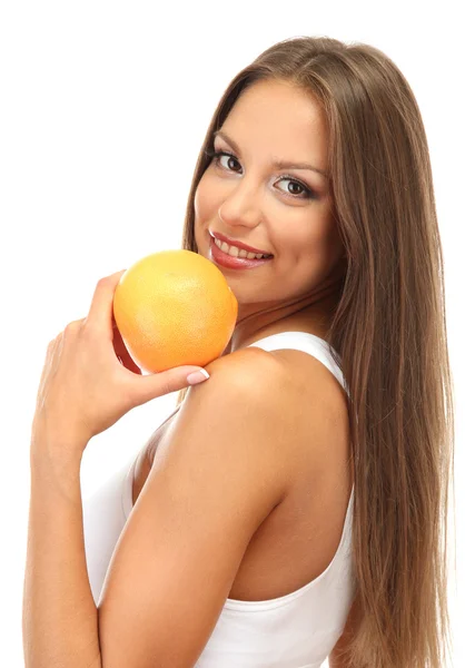 Όμορφη νεαρή γυναίκα με το πορτοκαλί, που απομονώνονται σε λευκό — Φωτογραφία Αρχείου