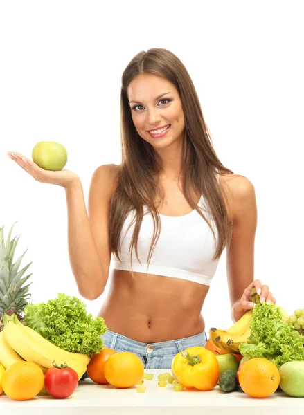 Mooie jonge vrouw met fruit en groenten, geïsoleerd op wit — Stockfoto