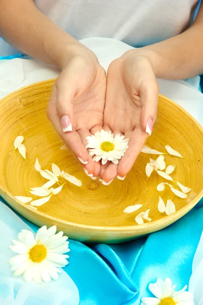 Manos de mujer con cuenco de madera de agua con flores, sobre fondo azul — Foto de Stock