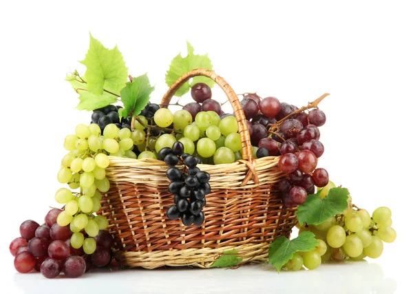 Assortment of ripe sweet grapes in basket, isolated on white — Stock Photo, Image