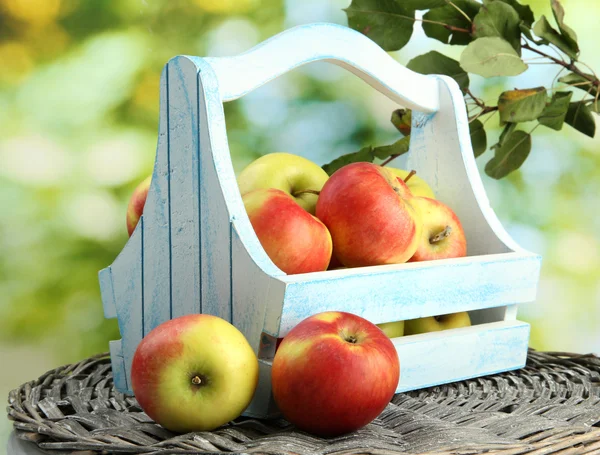 Manzanas jugosas con hojas en cesta de madera, sobre fondo verde — Foto de Stock