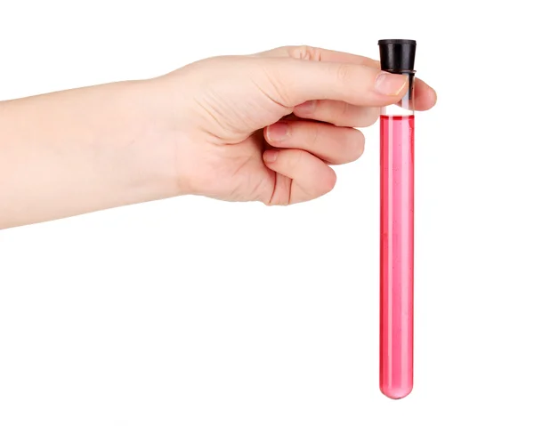 Test-tubes with pink solution in hand isolated on white — Stock Photo, Image
