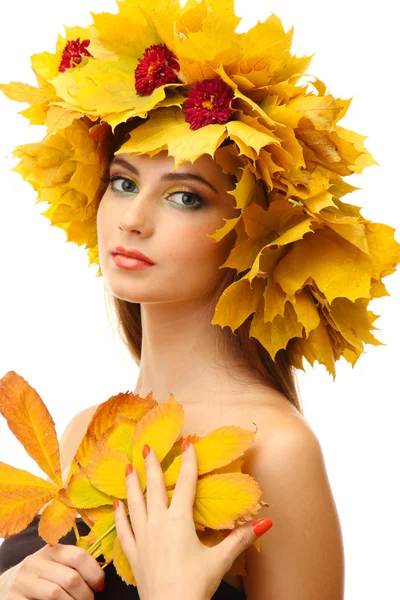 Beautiful young woman with yellow autumn wreath, isolated on white — Stock Photo, Image