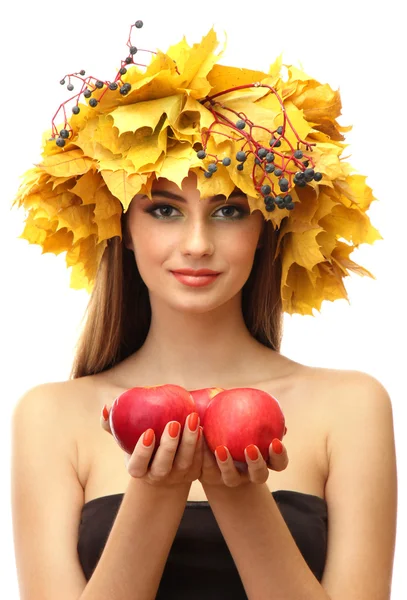 Beautiful young woman with yellow autumn wreath and apples, isolated on white — Stock Photo, Image