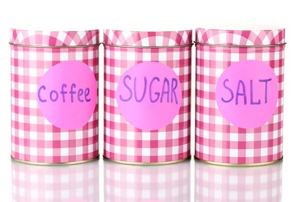Suiker, koffie, zout containers geïsoleerd op wit — Stockfoto