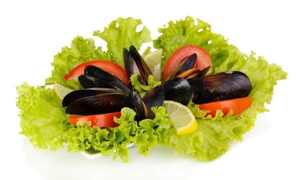 Snack of mussels and lemon on plate isolated on white — Stock Photo, Image