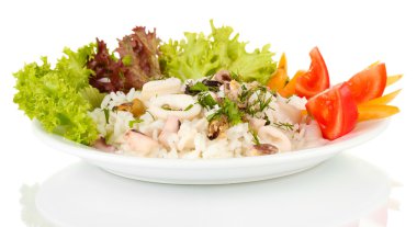 pirinç üzerine beyaz izole Şarküteri deniz mahsulleri salatası