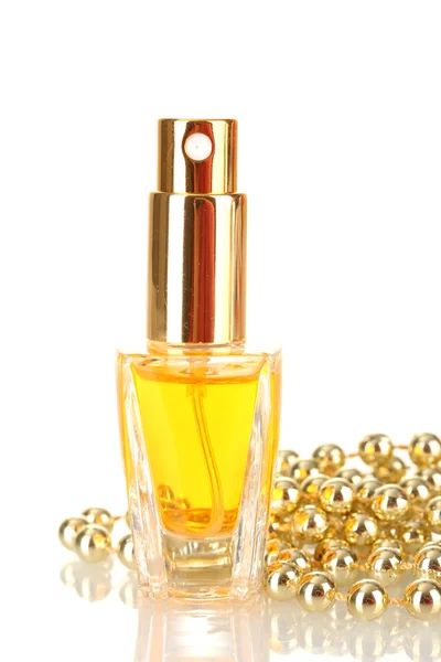 Women's perfume in beautiful bottle and beads, isolated on white — Stock Photo, Image