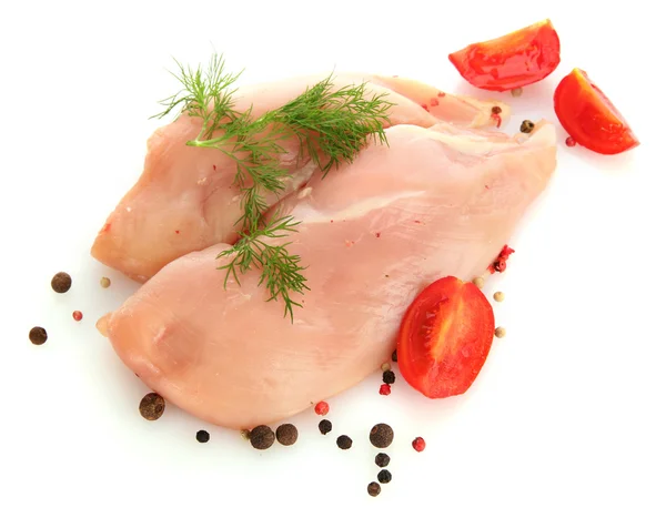Carne di pollo cruda con spezie, isolata su bianco — Foto Stock