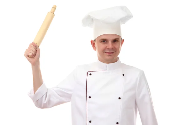 Retrato de chef com rolo de pino isolado em branco — Fotografia de Stock