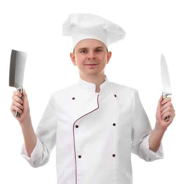 Retrato de chef con cuchillo aislado en blanco —  Fotos de Stock